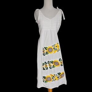Sunflower Embroidered Sundress Women Cottage White Boho Crochet Women Small
